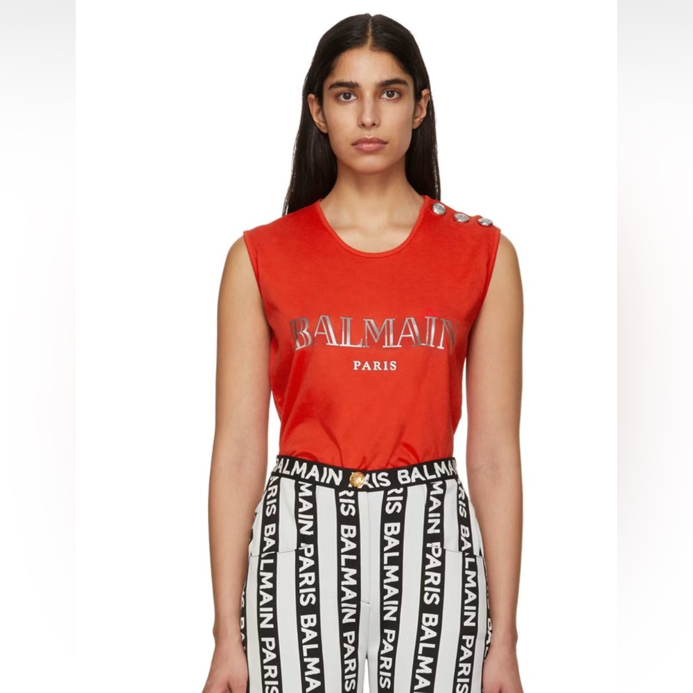 Balmain Red Short-Sleeve Logo Tee with Silver Buttons